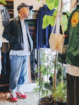 「--（--）のアイテム（ナイロンジャケット）」を使った、ataco garageさん（メンズ・173cm）の春コーディネート
