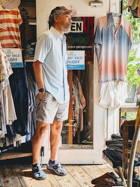 「VAN HEUSENのアイテム（シャツ/ブラウス、ブルー系）」を使った、ataco garageさん（メンズ・173cm）の夏コーディネート