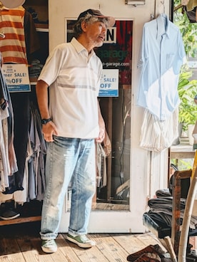 「Mister Manのアイテム（ポロシャツ、グレー系）」を使った、ataco garageさん（メンズ・173cm）の夏コーディネート