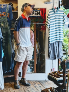 「Garanのアイテム（ポロシャツ、ブルー系）」を使った、ataco garageさん（メンズ・173cm）の夏コーディネート