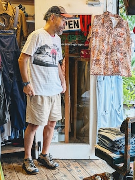「--（--）のアイテム（Tシャツ/カットソー、グレー系）」を使った、ataco garageさん（メンズ・173cm）の夏コーディネート