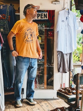 「Lee（リー）のアイテム（デニムパンツ、ブルー系）」を使った、ataco garageさん（メンズ・173cm）の夏コーディネート