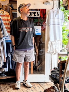 「Harley-Davidson（ハーレーダビッドソン）のアイテム（Tシャツ/カットソー、ブラック系）」を使った、ataco garageさん（メンズ・173cm）の夏コーディネート