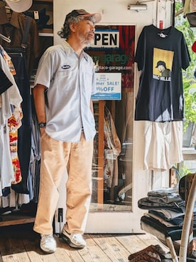 「CUSTOMのアイテム（シャツ/ブラウス、ブルー系）」を使った、ataco garageさん（メンズ・173cm）の夏コーディネート
