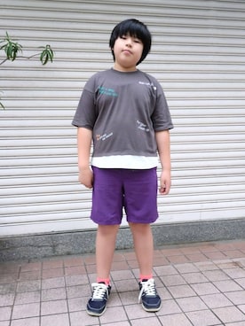 「SHOO・LA・RUE（シューラルー）の【100-150cm】アソートプリント裾レイヤード五分袖Tシャツ（Tシャツ/カットソー、グレー系）」を使った、ゆずやさん（キッズ・150cm）の夏コーディネート