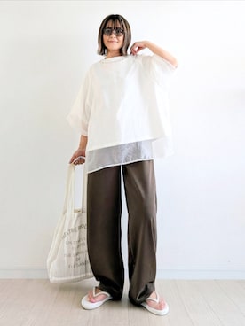 「FREAK'S STORE（フリークスストア）の限定展開　オーガンジー×カットソー 重ね ラグラン 半袖 Tシャツ（Tシャツ/カットソー、ホワイト系）」を使った、𝕪𝕦𝕚さん（レディース・155cm）の夏コーディネート