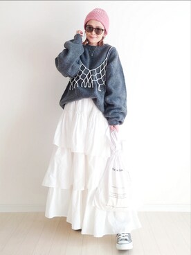 「ティアードスカート」｜「アイテム（ニットキャップ/ビーニー）」を使った、𝕪𝕦𝕚さん（レディース・155cm）の冬コーディネート