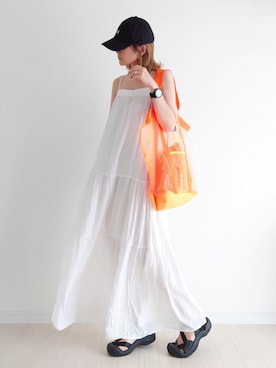 「14+（イチヨンプラス）のUSAコットンキャップ（キャップ）」を使った、𝕪𝕦𝕚さん（レディース・155cm）の夏コーディネート