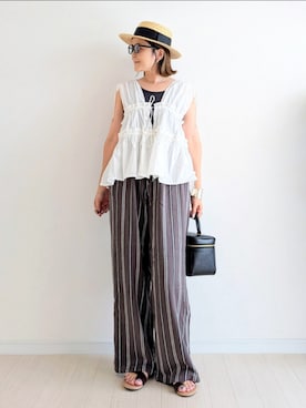 「tiptop（ティップトップ）のリボン使いギャザーブラウス（シャツ/ブラウス）」を使った、𝕪𝕦𝕚さん（レディース・155cm・40代）の夏コーディネート