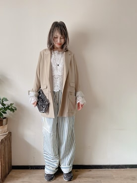 「UN3D.（アンスリード）のLAYERED POCKET JK【セットアップ着用可能】（テーラードジャケット、ベージュ系）」を使った、saraさん（レディース・156cm）の春コーディネート