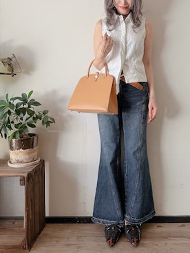 「HERMES（エルメス）のマルジェラ期　ダルヴィーMM ヴォーシャモニー ナチュラル シルバー金具 □C刻印（ハンドバッグ、ベージュ系）」を使った、saraさん（レディース・156cm）の夏コーディネート