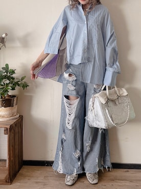 「アイテム（ボストンバッグ、シルバー系）」を使った、saraさん（レディース・156cm）の秋コーディネート