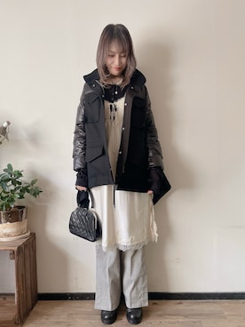 「キャミソールワンピ」｜「アイテム（ダウンジャケット/コート）」を使った、saraさん（レディース・156cm）の冬コーディネート