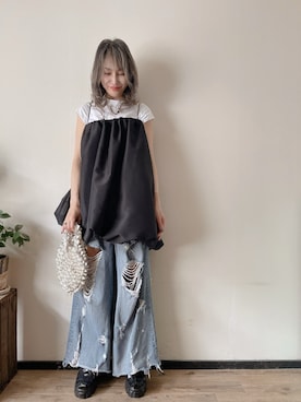 「POOLDE（プールデ）の【26SS】バルーン キャミソール トップス / FLOATING CAMI ¥38500（トップス、ブラック系）」を使った、saraさん（レディース・156cm）の夏コーディネート