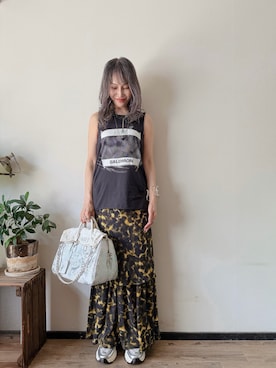 「MM6 Maison Margiela（ｴﾑｴﾑｼｯｸｽ ﾒｿﾞﾝ ﾏﾙｼﾞｪﾗ）の2025SS コラボ タンクトップ SH0NL0005 M20101  ¥39600（タンクトップ、ブラック系）」を使った、saraさん（レディース・156cm）の夏コーディネート