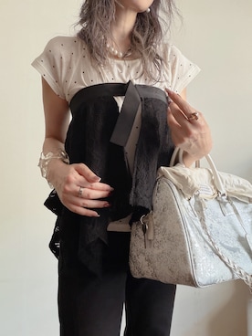 「POPPYのLACE DRAPED WRAP SKIRT (BLACK) SALE PRICE¥12,000（スカート、ブラック系）」を使った、saraさん（レディース・156cm）の夏コーディネート