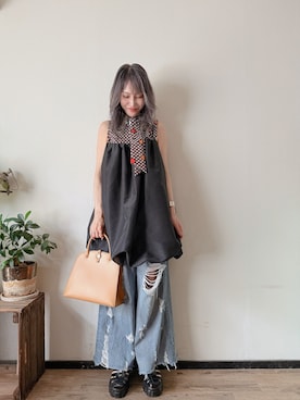 「POOLDE（プールデ）の【26SS】バルーン キャミソール トップス / FLOATING CAMI ¥38500（トップス、ブラック系）」を使った、saraさん（レディース・156cm）の夏コーディネート