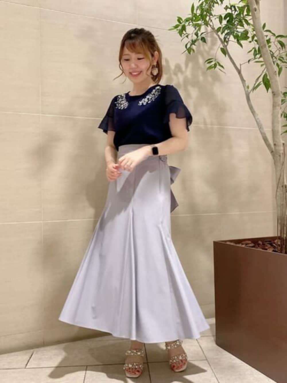 「willselection、ウィルセレクション、ウィルセレクション(WILLSELECTION)」｜「WILLSELECTIONの袖シフォン刺繍ニット（ニット/セーター、ブルー系）」を使った、WILLSELECTIONさん（レディース・157cm）の夏コーディネートの1枚目の写真