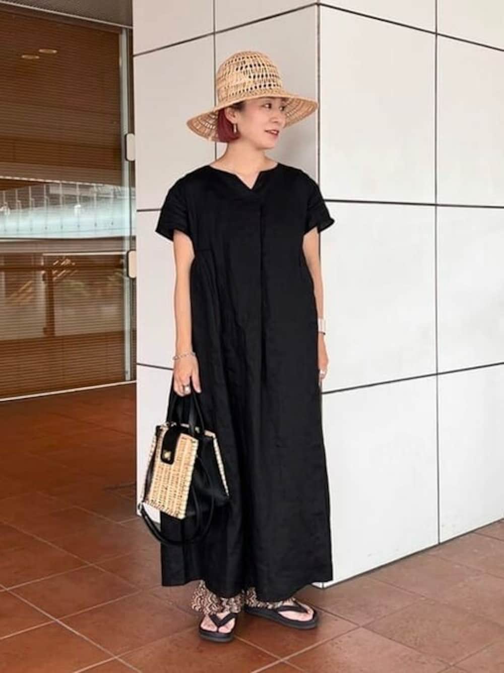 Ray BEAMS 麻 バック タック キーネック ワンピース グリーン