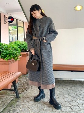 「BEAMS」｜「アイテム（ノーカラーコート）」を使った、BEAMS HEART WOMENさん（レディース・163cm）の秋コーディネート