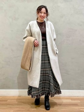 「BEAMS」｜「アイテム（ノーカラーコート）」を使った、BEAMS HEART WOMENさん（レディース・153cm）の秋コーディネート