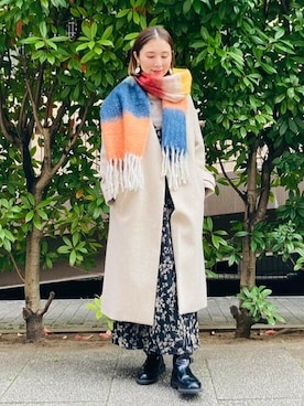 「BEAMS」｜「アイテム（ノーカラーコート）」を使った、BEAMS HEART WOMENさん（レディース・163cm）の冬コーディネート