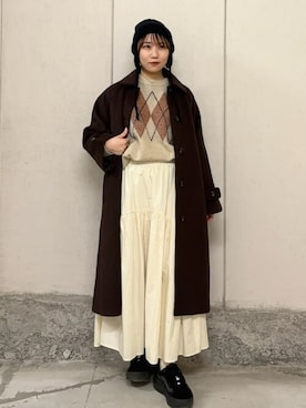 「ティアードスカート」｜「アイテム（ステンカラーコート）」を使った、FREAK'S STORE HEAD OFFICE WOMENさん（レディース・160cm）の冬コーディネート