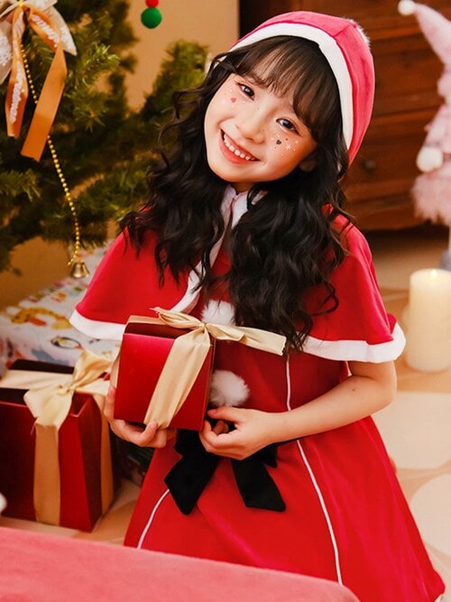 セール】キッズ コスプレ クリスマスサンタ ケープ付きワンピース