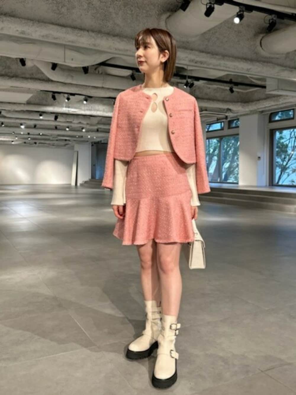 リリーブラウンツイードフレアミニスカートツイードクロップドジャケット