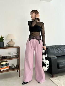 「ワイドパンツ」｜「アイテム（デニムパンツ、ピンク系）」を使った、USAGI ONLINEさん（レディース・157cm）の夏コーディネート