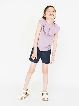 「BRANSHES（ブランシェス）のリボンポケットデニムショートパンツ（その他パンツ）」を使った、BRANSHESさん（キッズ・114cm）の夏コーディネート