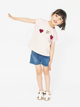 「BRANSHES（ブランシェス）のリボンポケットデニムショートパンツ（その他パンツ）」を使った、BRANSHESさん（キッズ・112cm）の夏コーディネート