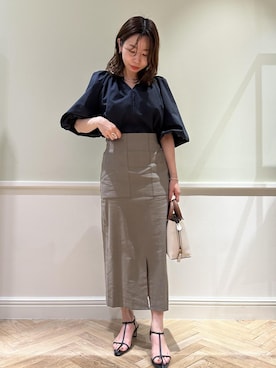「ROPE'（ロペ）の【エディター三尋木奈保さんコラボ】前後2WAY華やぎバルーンスリーブブラウス【雑誌掲載】（シャツ/ブラウス）」を使った、nishiさん（レディース・155cm）の夏コーディネート