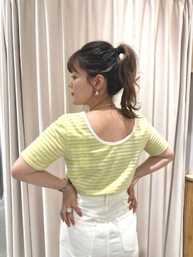 「SHENERY（シーナリー）のバックシャンボーダーTEE（T Shirts、イエロー系）」を使った、KITAHARAさん（レディース・152cm）の夏コーディネート