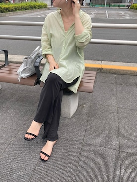 「SHENERY（シーナリー）のフィブリルカノコフレアパンツ（Pants、ブラック系）」を使った、KITAHARAさん（レディース・152cm）の夏コーディネート