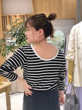 「SHENERY（シーナリー）のバックシャンボーダーカットソー（T Shirts、ブルー系）」を使った、KITAHARAさん（レディース・152cm）の夏コーディネート