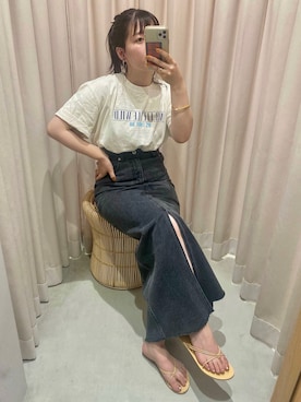 「SHENERY（シーナリー）のプリントTEE01（T Shirts、ホワイト系）」を使った、KITAHARAさん（レディース・152cm）の夏コーディネート