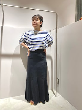 「SHENERY（シーナリー）のサイドスリットボーダーカットソー（T Shirts、ブルー系）」を使った、KITAHARAさん（レディース・152cm）の夏コーディネート