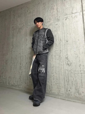 「アイテム（ライダースジャケット）」を使った、山口真之介さん（メンズ・185cm）の夏コーディネート