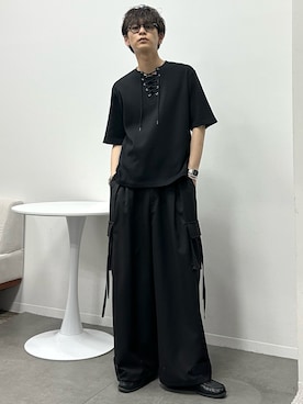 「CLEL（クレイル）の【CLEL】Functional Thermal Lace-Up Short Sleeve T-Shirt / ファンクショナリー サーマルレースアップ半袖Tシャツ（Tシャツ/カットソー、ブラック系）」を使った、ゆうさん（メンズ・178cm）の春コーディネート