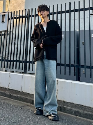 「Parts Lab.（パーツラボ）の【Parts Lab.】Low-Gauge Crewneck Cardigan / ローゲージ クルーネックカーディガン（カーディガン/ボレロ）」を使った、ゆうさん（メンズ・178cm）の秋コーディネート