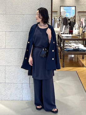 「RIVE DROITE（リヴドロワ）の【セットアップ対応可/接触冷感/シワになりにくい】【A・MONN(アモン)】suttoワイドパンツ（その他パンツ、ブルー系）」を使った、emi95152さん（レディース・159cm）の夏コーディネート