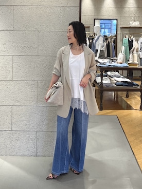 「RIVE DROITE（リヴドロワ）の【RIMH（リムエイチ）】フレアデニムパンツ（デニムパンツ、ブルー系）」を使った、emi95152さん（レディース・159cm）の春コーディネート
