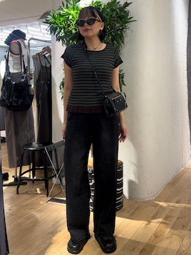 「JEANASIS（ジーナシス）のクロッグローファー/638847（ローファー、ブラック系）」を使った、krkoooooさん（レディース・161cm）の夏コーディネート