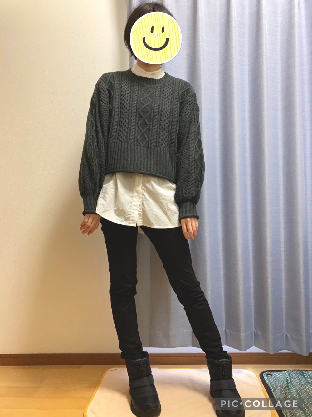 「あったかコーデ」｜「CIENAのボリュームスリーブケーブルニット（ニット/セーター、グレー系）」を使った、Ninaさん（レディース・167cm）の冬コーディネートの1枚目の写真