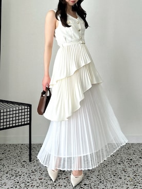 「dazzlin（ダズリン）のアシメプリーツジレワンピース（ワンピース、ホワイト系）」を使った、kahoさん（レディース・154cm）の春コーディネート