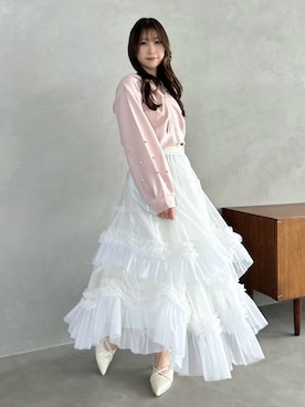 「dazzlin（ダズリン）のボリュームチュールティアードスカート（スカート、ホワイト系）」を使った、kahoさん（レディース・154cm）の春コーディネート