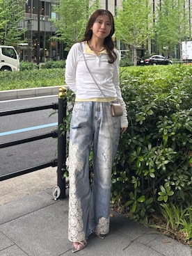 「Ungrid（アングリッド）のシアーヘンリーロンTee（Tシャツ/カットソー、ホワイト系）」を使った、瀬川百花さん（レディース・156cm）の春コーディネート