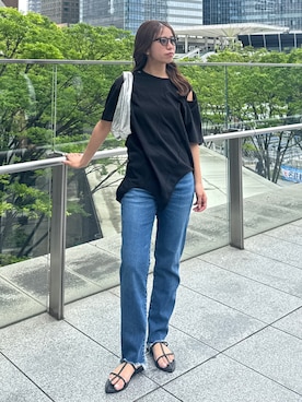 「Ungrid（アングリッド）のアシメデザインTee（Tシャツ/カットソー、ブラック系）」を使った、瀬川百花さん（レディース・156cm）の春コーディネート