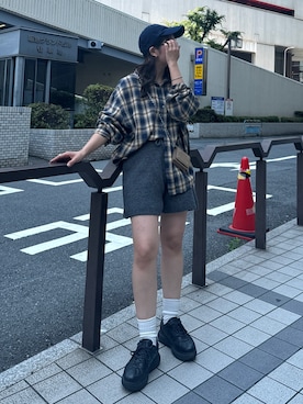 「Ungrid（アングリッド）のチェックルーズシャツ（シャツ/ブラウス）」を使った、瀬川百花さん（レディース・156cm）の夏コーディネート